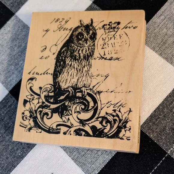 Spooky Collage Wood Mounted Rubber Stamp Halloween Owl Oldtime Script - Picture 3 of 4